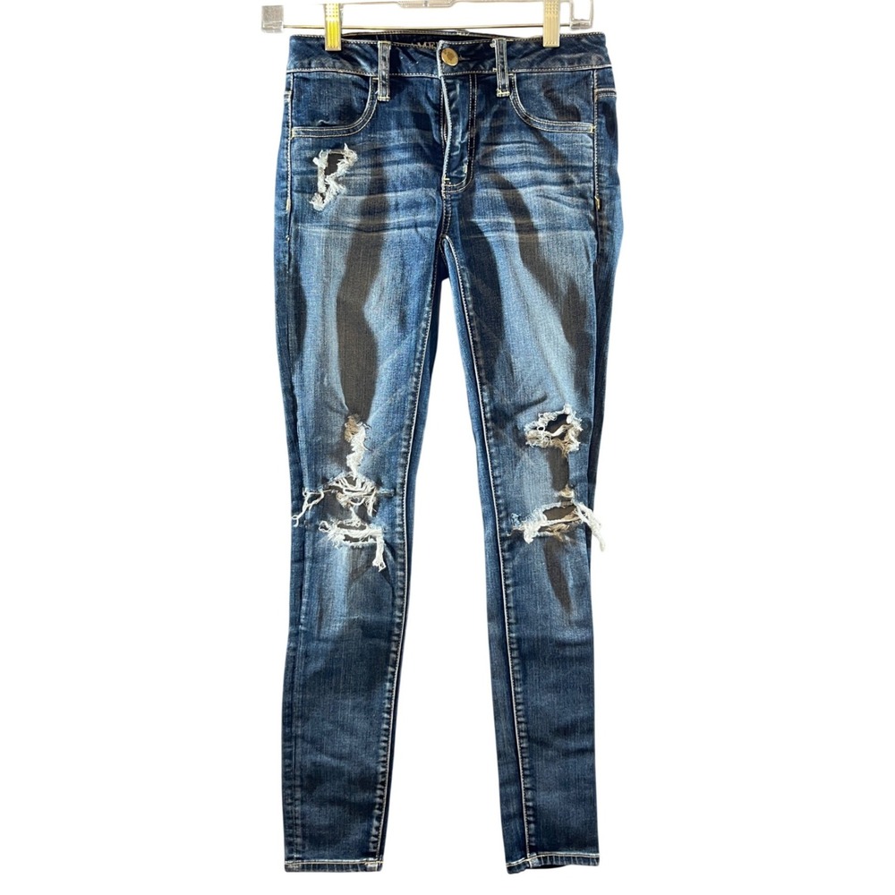 699 | American Eagle Super Stretch Distressed Skinny Jeans Dark Wash Women 0 Reg